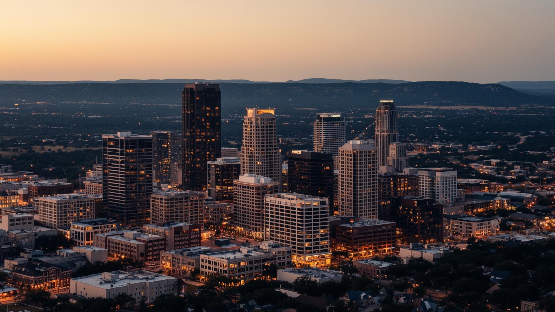 Aerial view of the Austin, Texas skyline at dusk with the Hill Country horizon