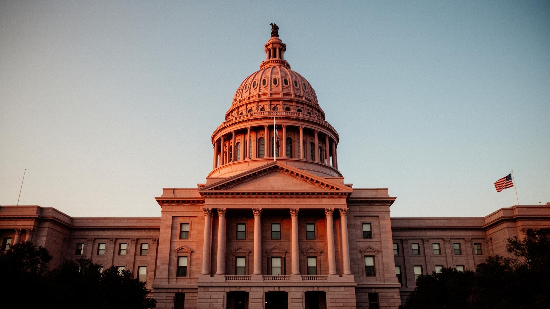 The Texas State Capitol dome in Austin at golden hour