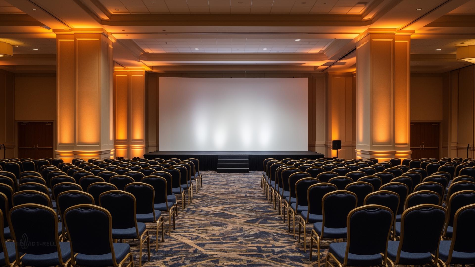 Conference ballroom with rows of chairs and warm uplighting before a TMBA event