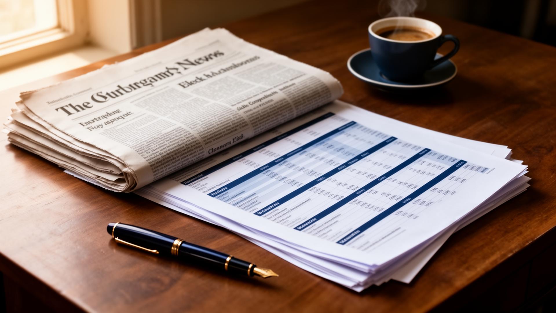 Editorial desk with newspaper, mortgage rate sheets, and a fountain pen