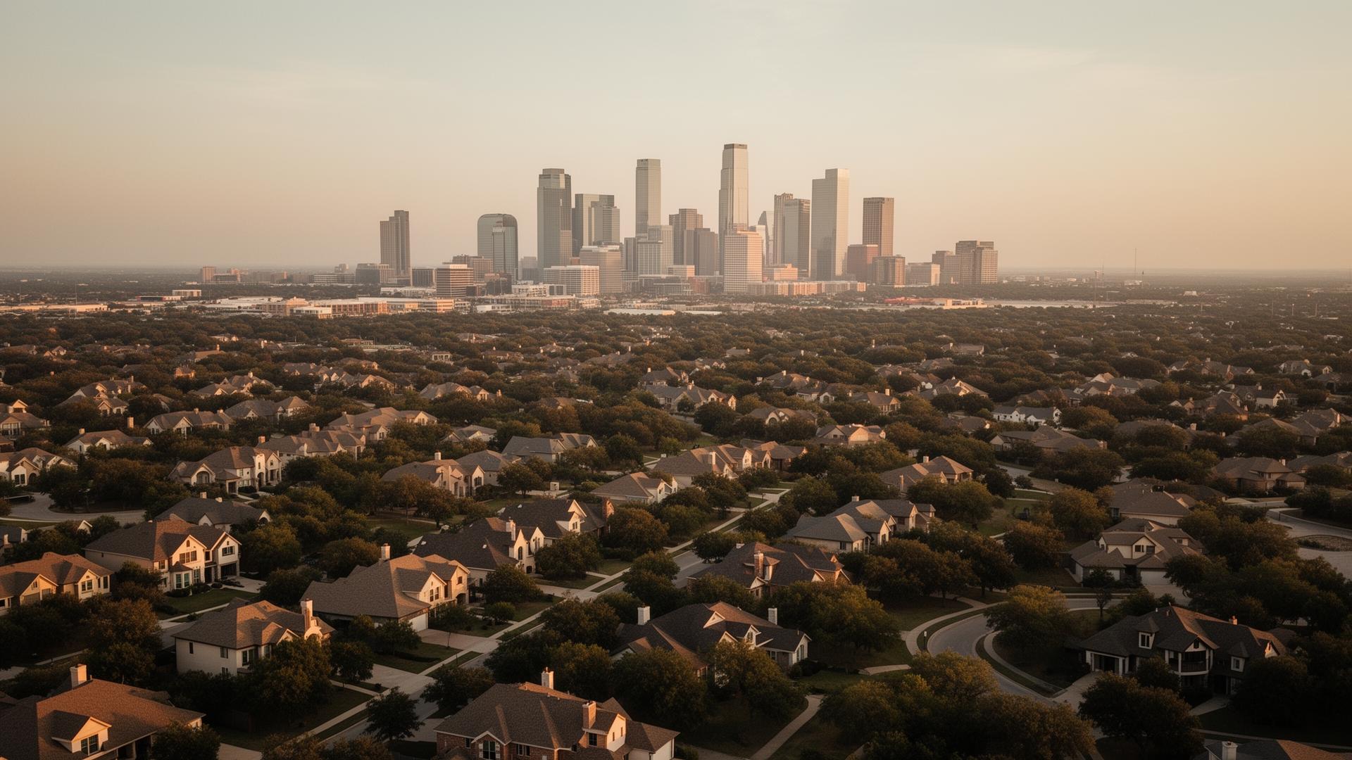 Aerial view of a Texas residential neighborhood with a city skyline on the horizon at golden hour
